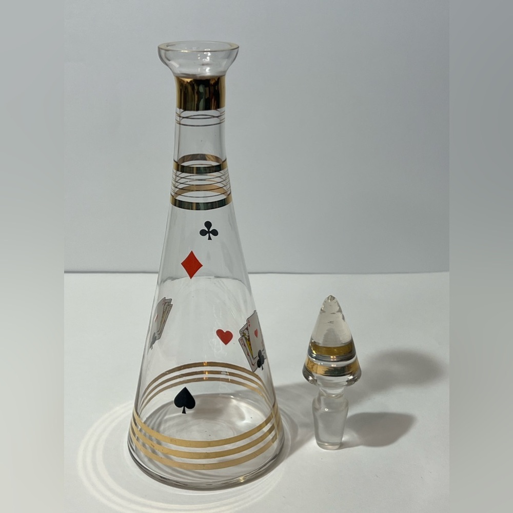 VTG Glass Carafe W/ Stopper Decanter Poker Cards Gold Accents MCM - Picture 7 of 12